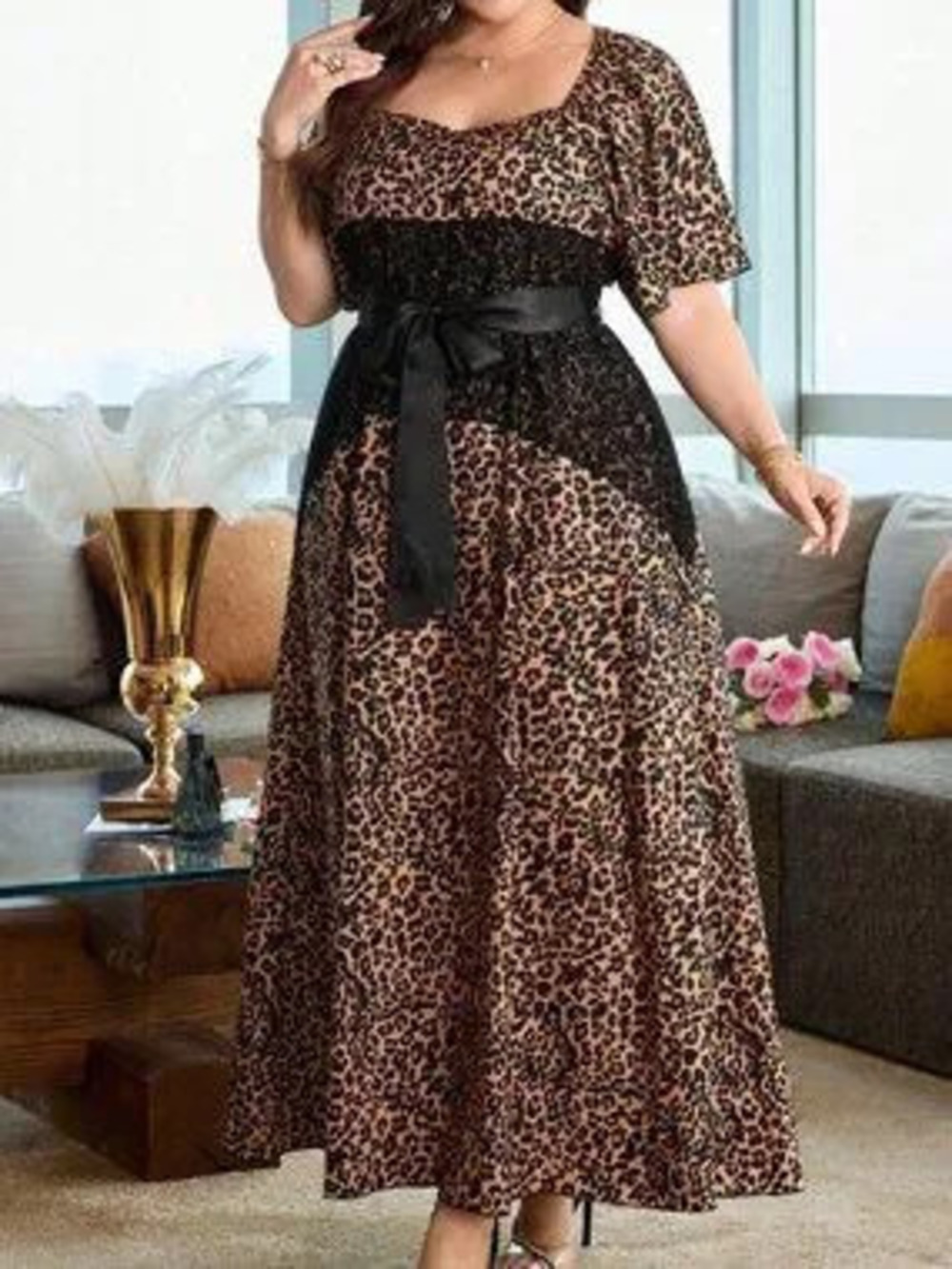 Yellow Elegant Women's Plus Size Leopard Print Lace Short Sleeve Dress